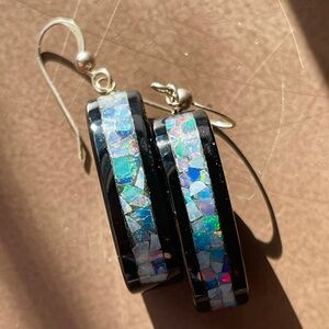 Set Earrings & Bracelet Opal, Black Nephrite Jade Sterling Silver Bracrlet